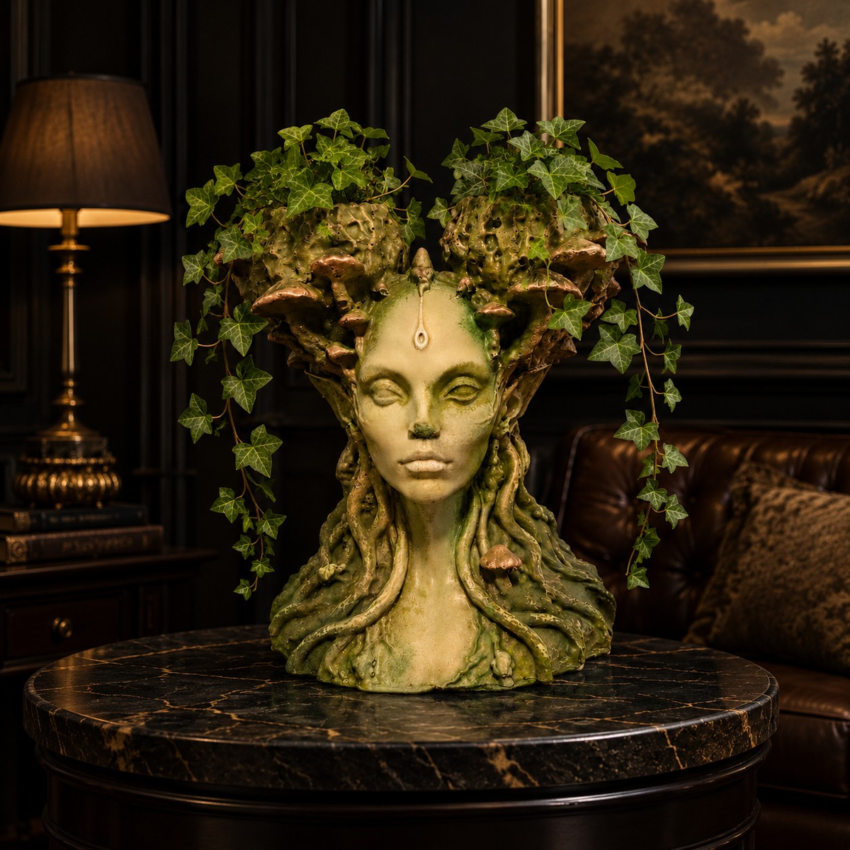 Mycelia mushroom head planter styled with trailing ivy