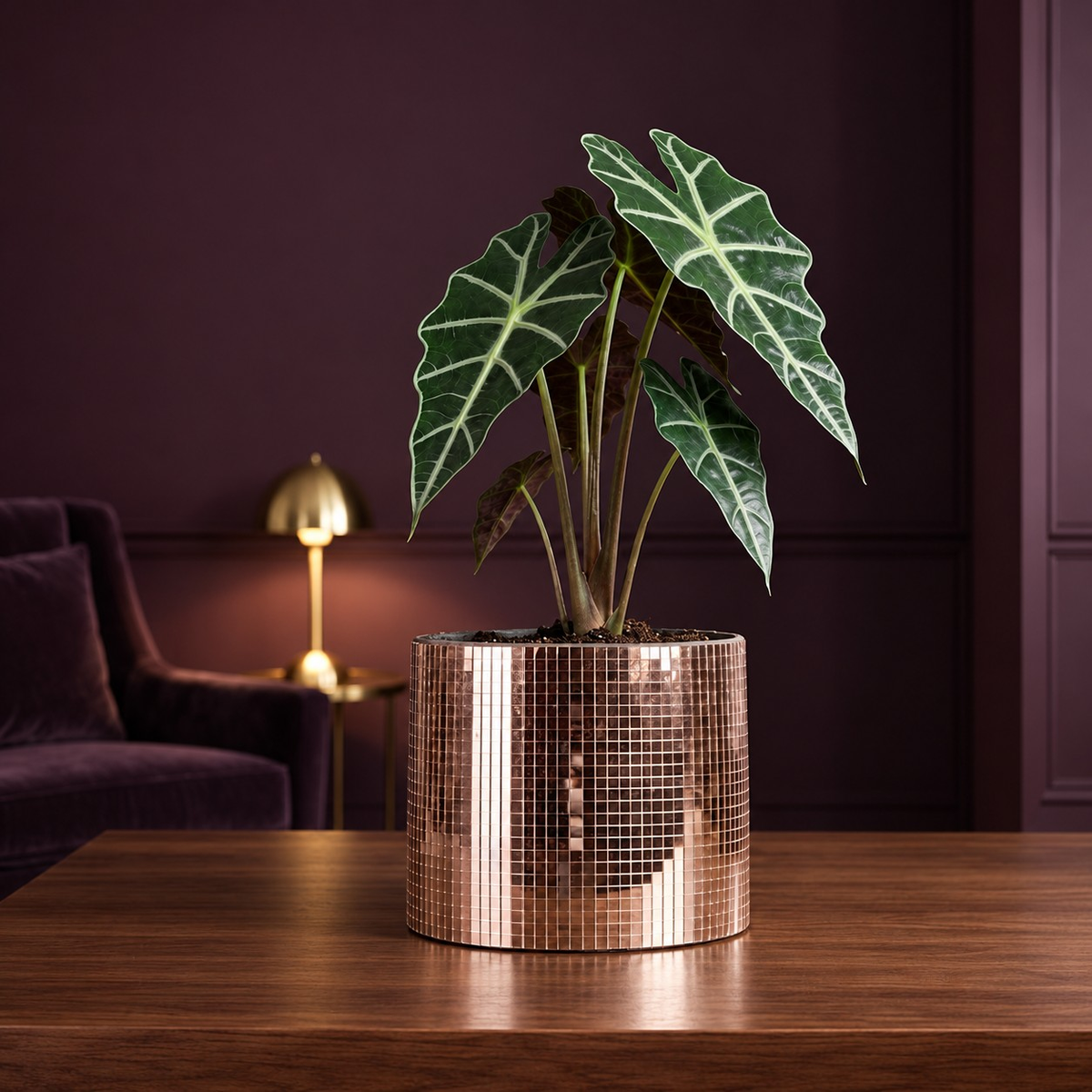 Rose gold mirror mosaic cylinder planter with alocasia