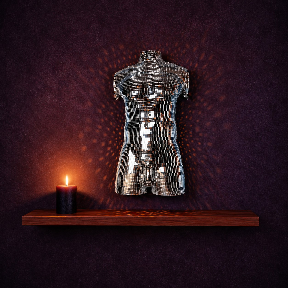 After Hours mirror ball male wall art with candle shelf lifestyle