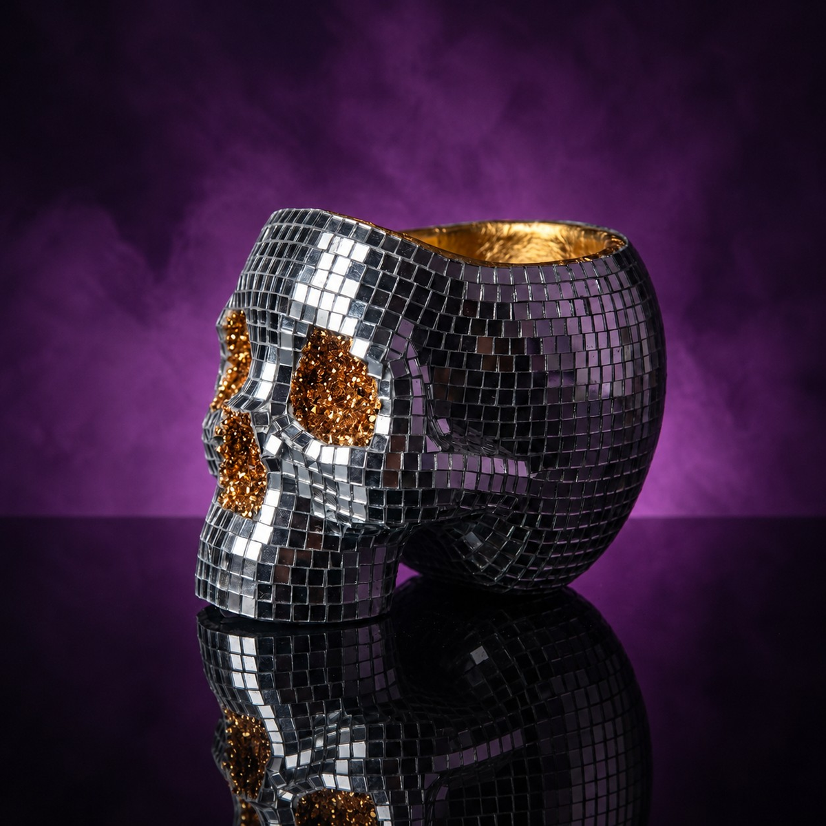 Unplanted disco skull planter in side profile on a black reflective surface