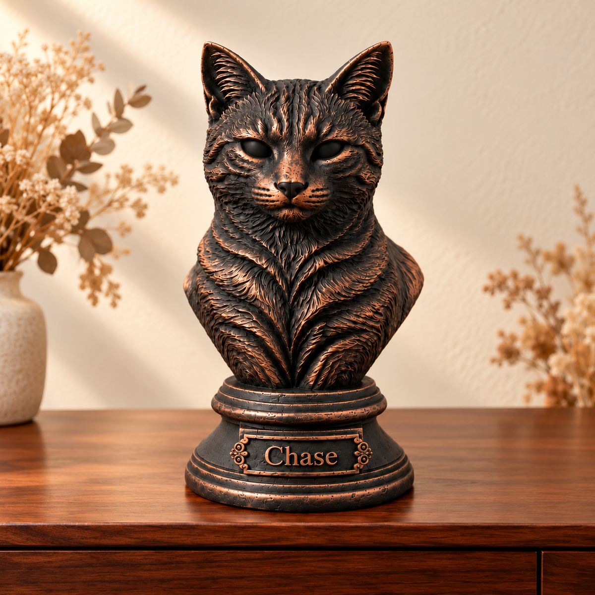 Chase custom cat bust example in black with copper-painted highlights