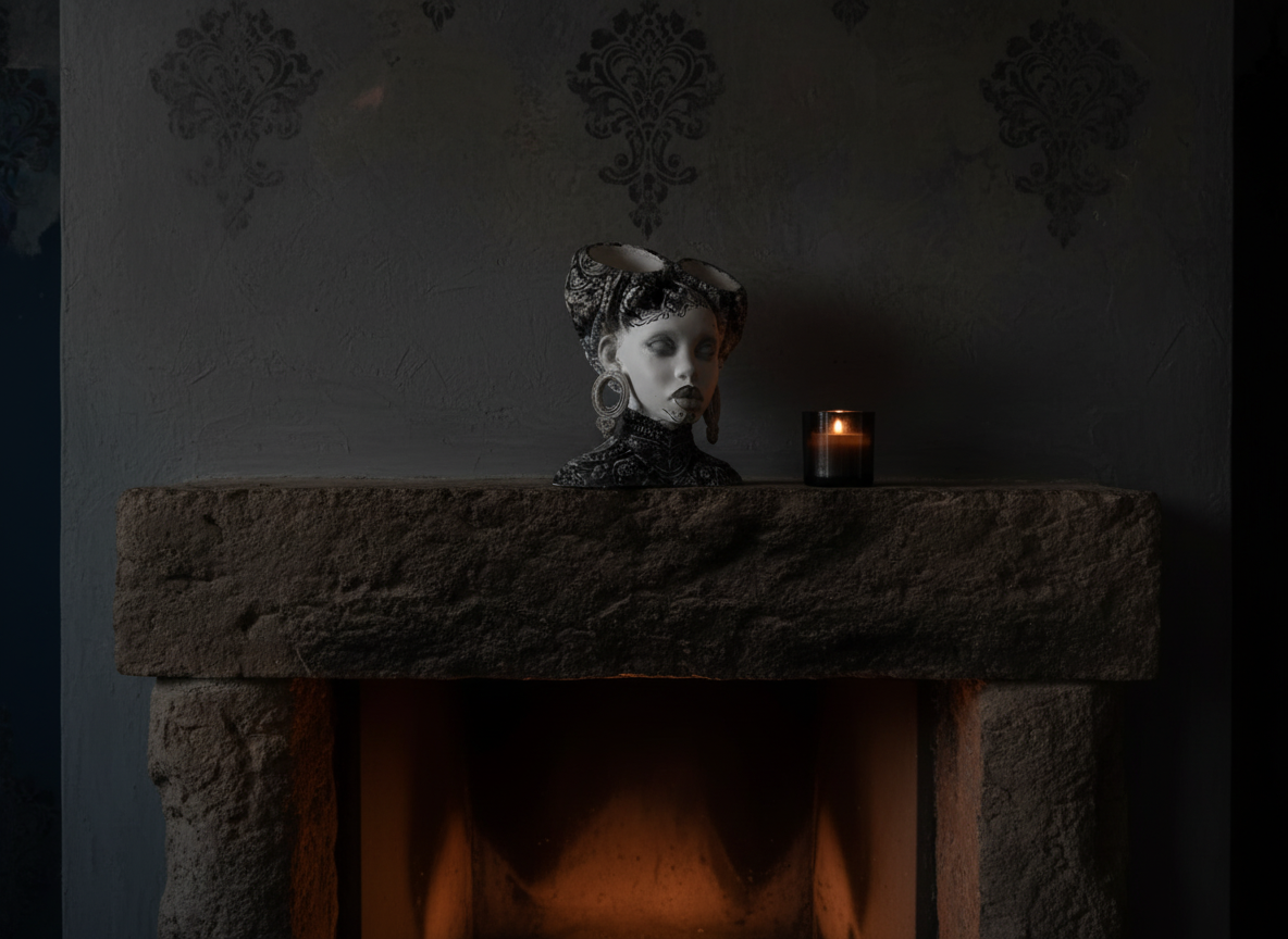 Necronomia head planter on a stone mantel above a fire beside a candle