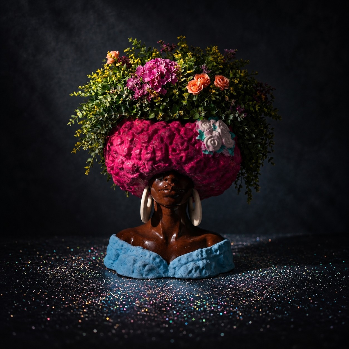 Girl Juice head planter filled with flowers against a dark studio backdrop