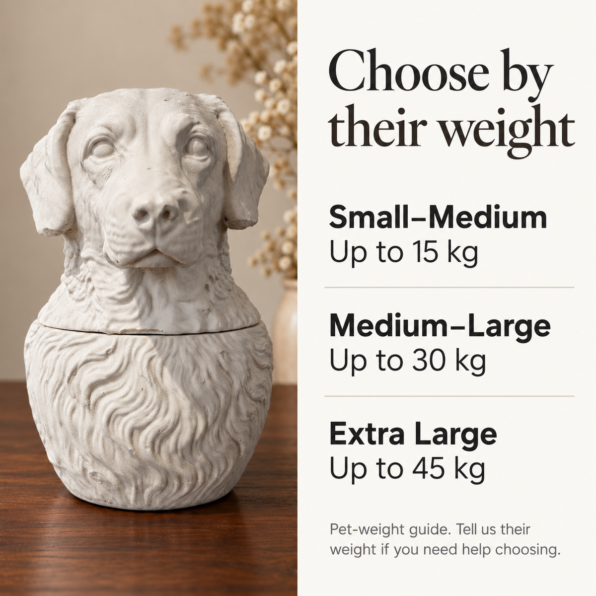 Size guide for a custom pet urn with options up to 15, 30 and 45 kilograms.