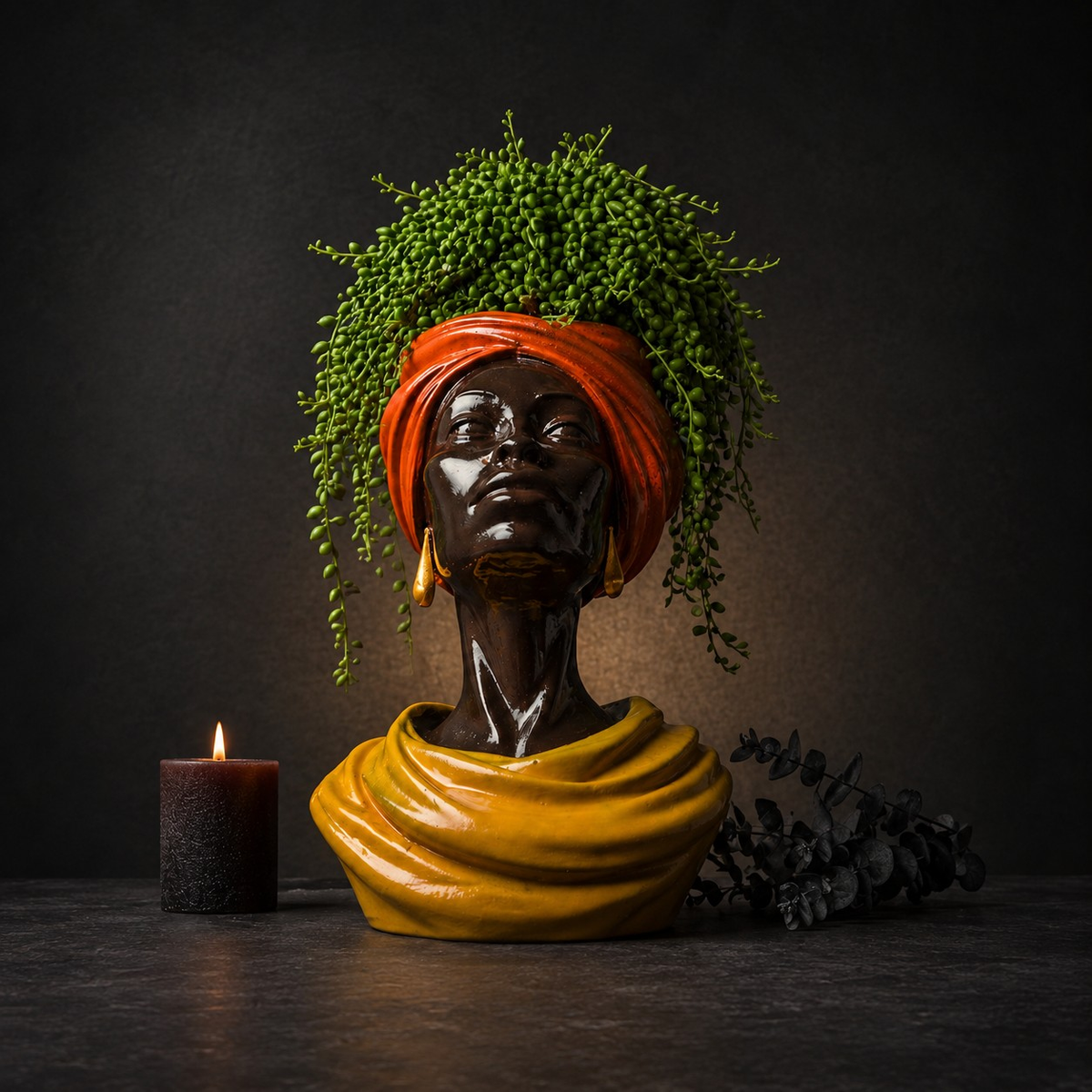 Golden Hour cast stone female bust planter detail