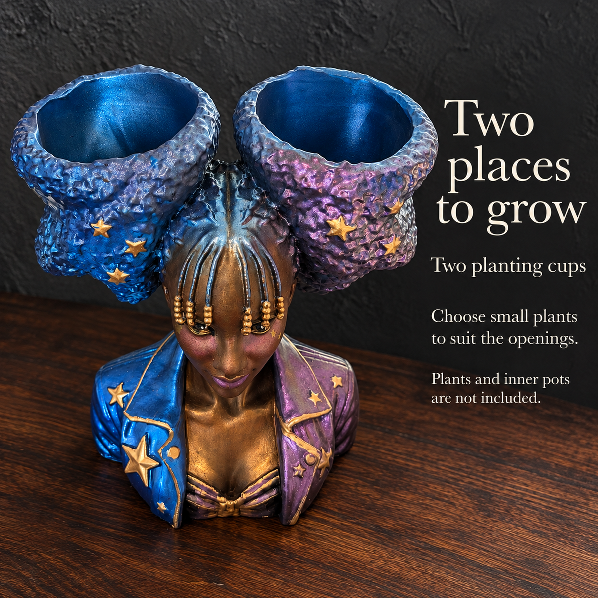Star Afro Head Planter, twin planting cup guide.