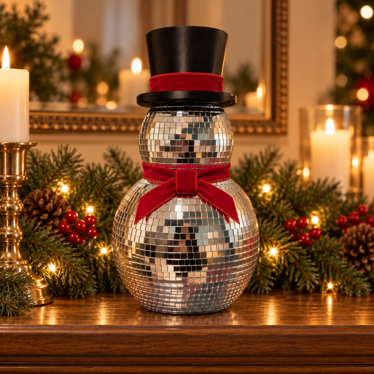 Mirror ball snowman displayed on a Christmas mantel
