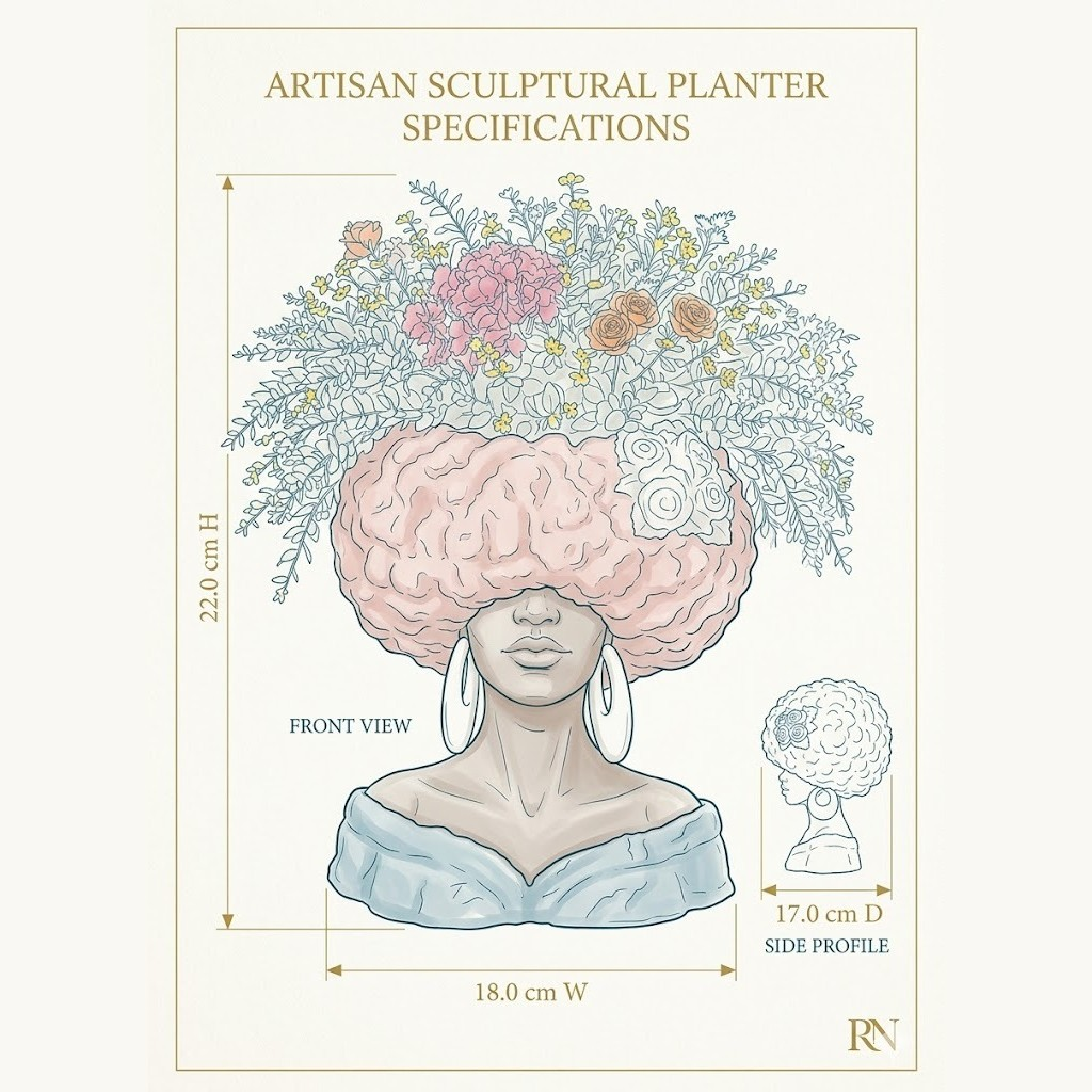 Illustrated styling guide showing a planted arrangement 22 cm high, 18 cm wide and 17 cm deep
