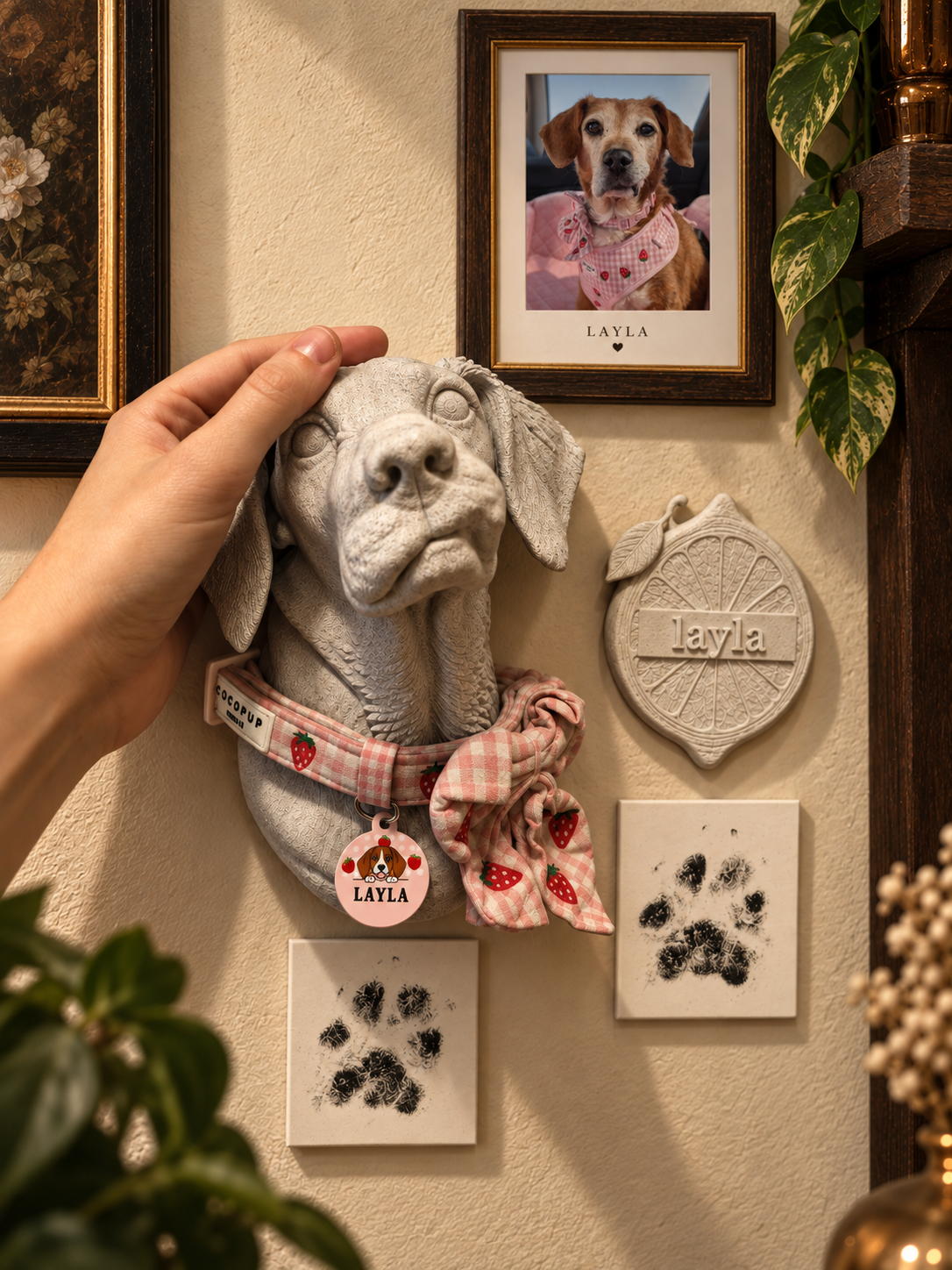 A hand resting on the pet portrait in a styled wall display. One custom bust only; collar, tag, plaque, paw pieces, frames and other display props are not included.