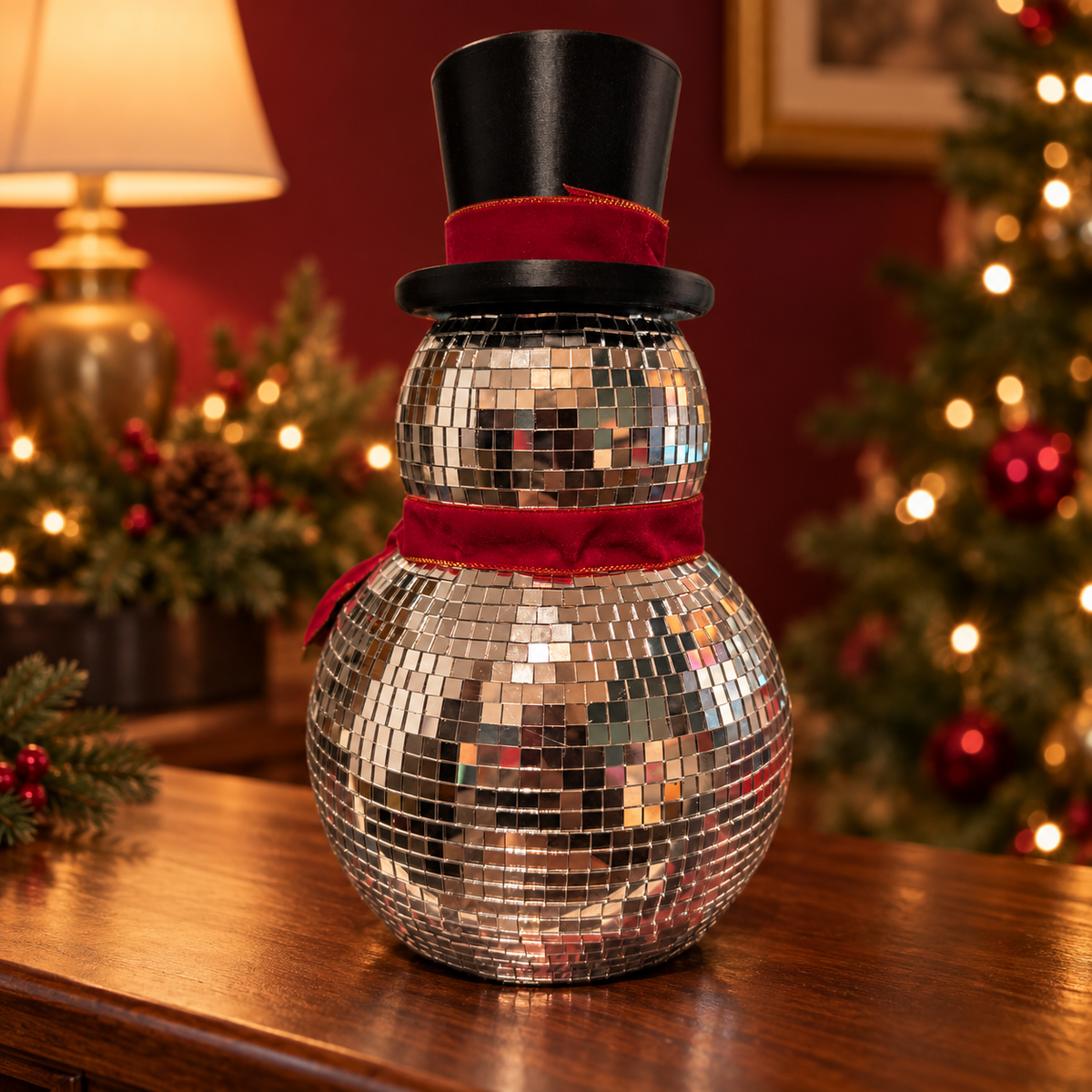 Side view of the mirror ball snowman on a tabletop