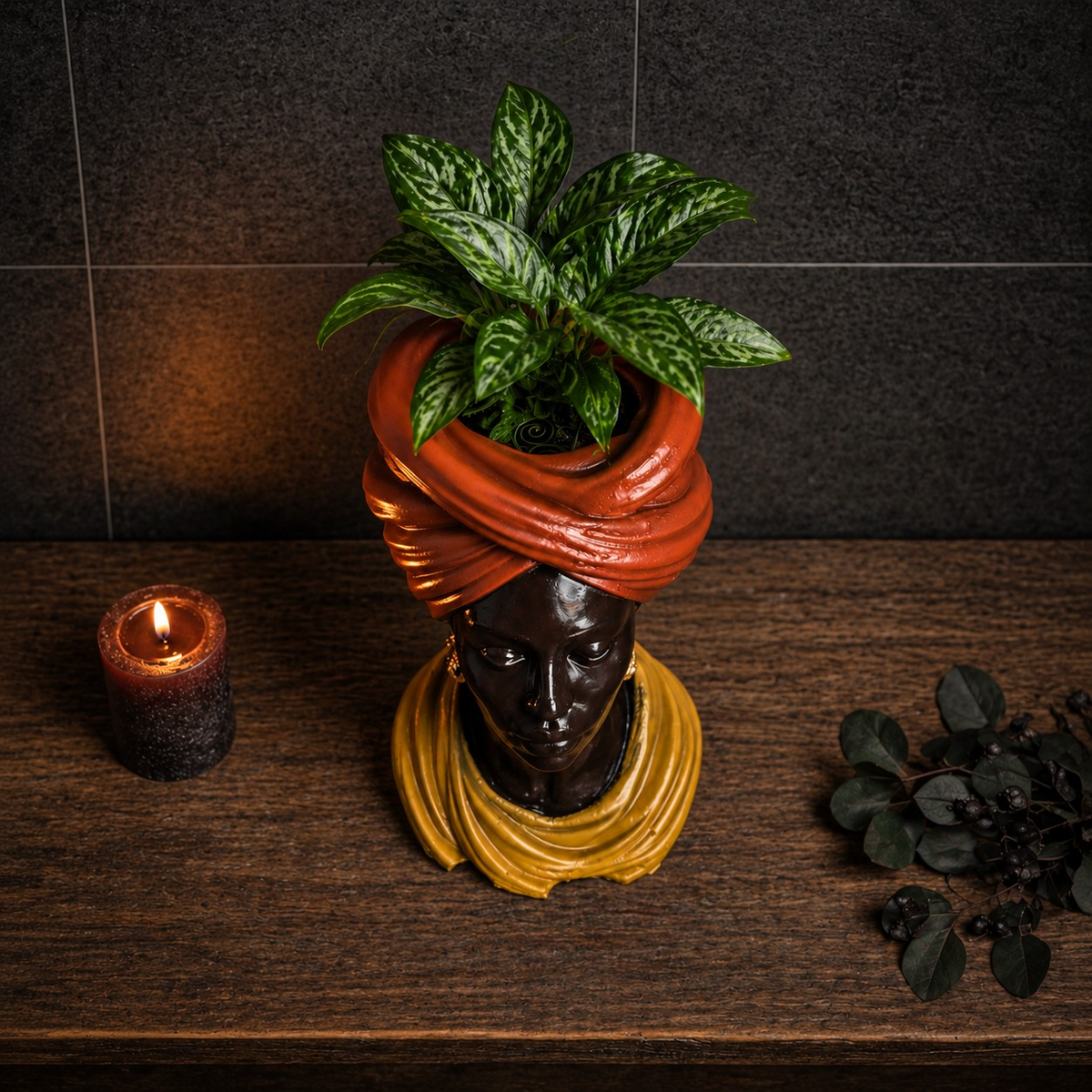 Golden Hour planter top view with plant and candle