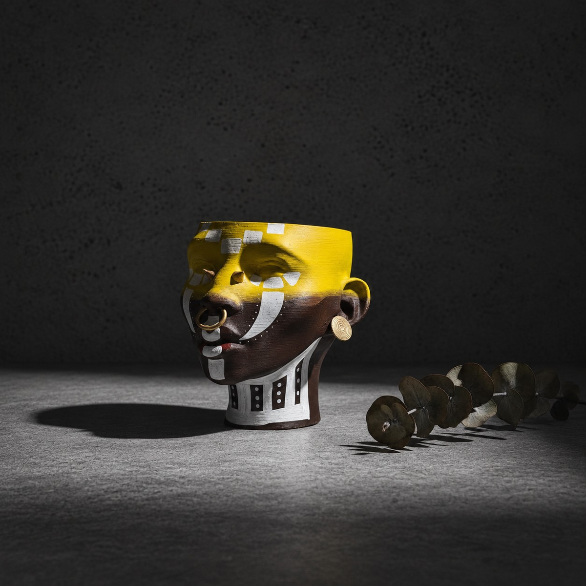 Ashanti Warrior Head Planter - Yellow on stone botanical