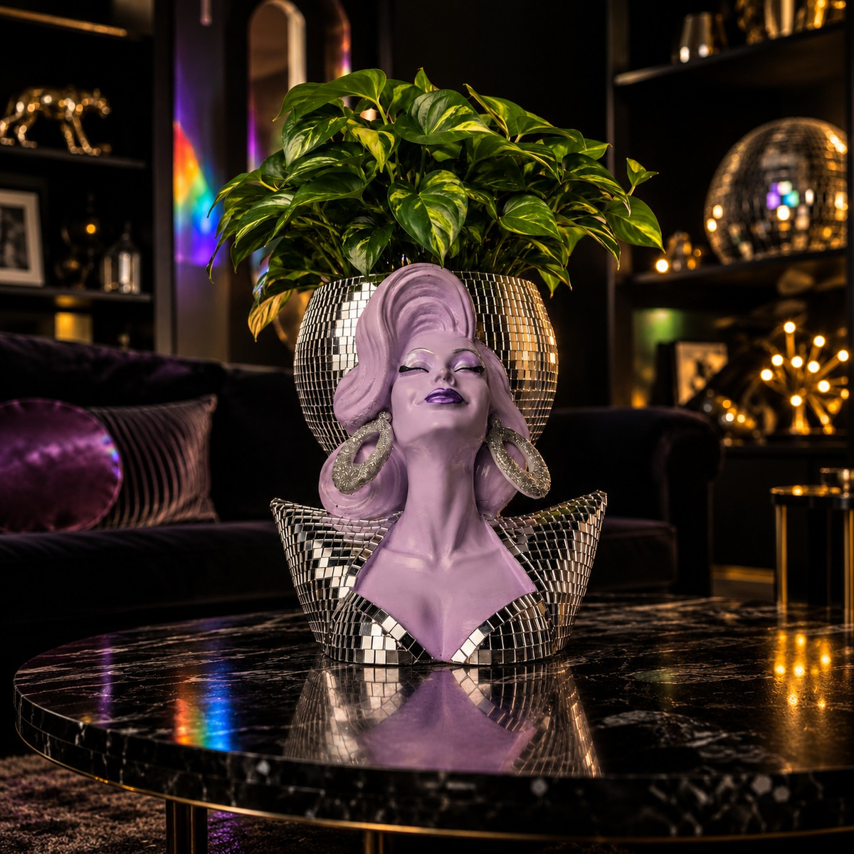 Mother Mirrorball drag queen planter styled in a moody room setting
