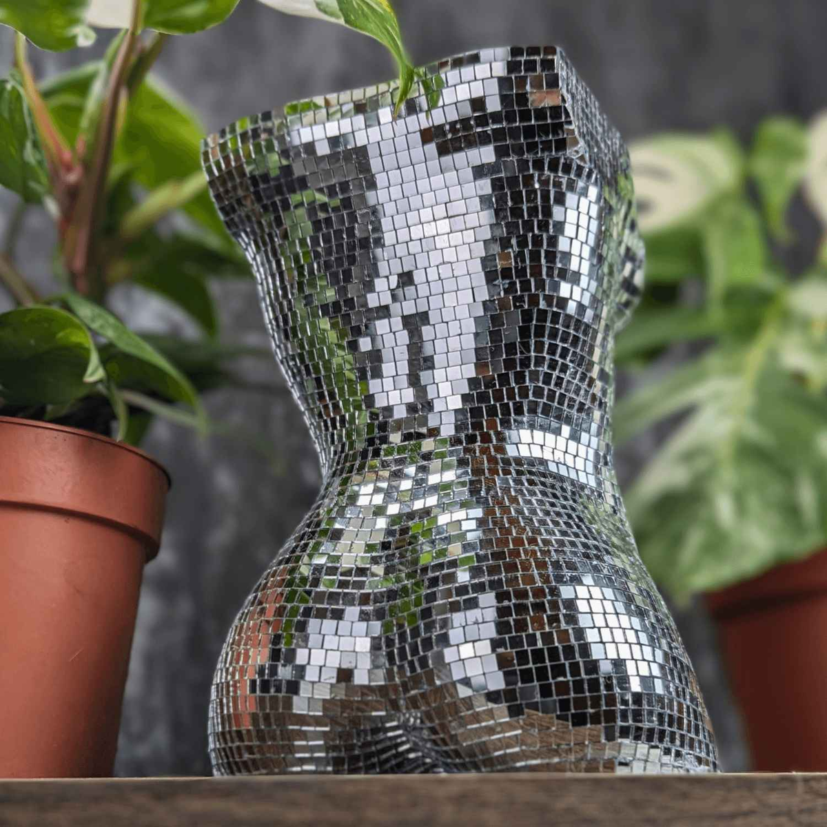 Silver mirror torso planter between two potted houseplants