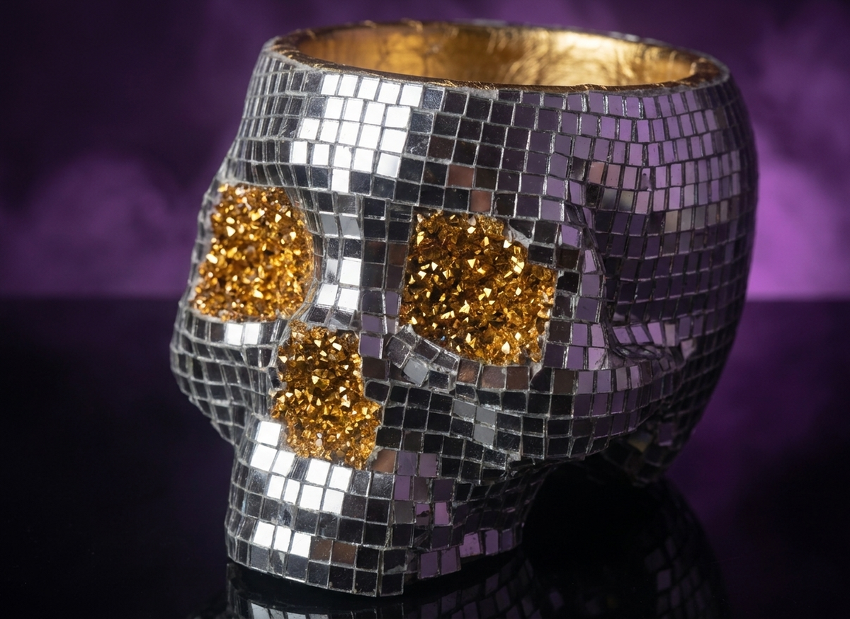 Three-quarter view of an unplanted disco skull planter on a smoky purple backdrop