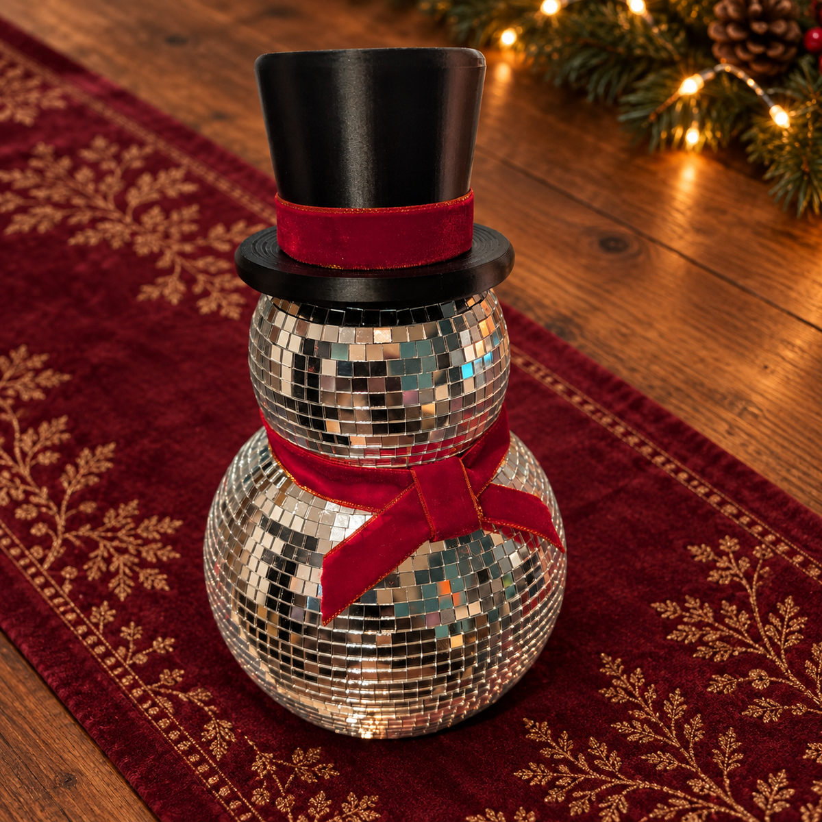 Elevated view of the snowman and hat against a tabletop