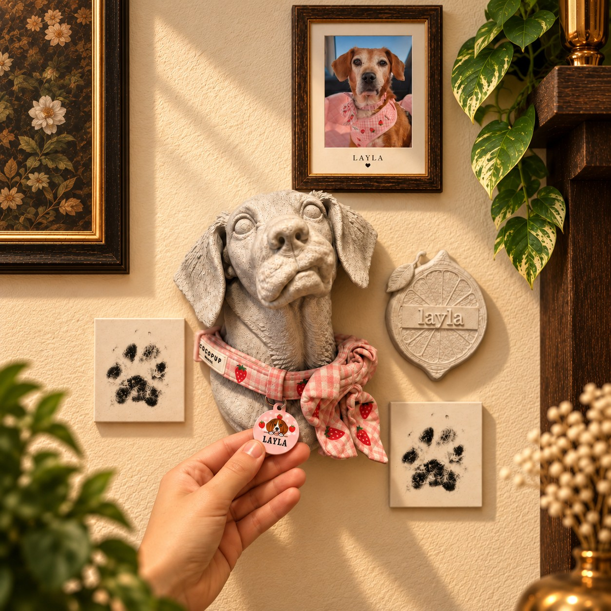 A hand holding the collar tag beside the sculpted pet portrait. One custom bust only; collar, tag, plaque, paw pieces, frames and other display props are not included.