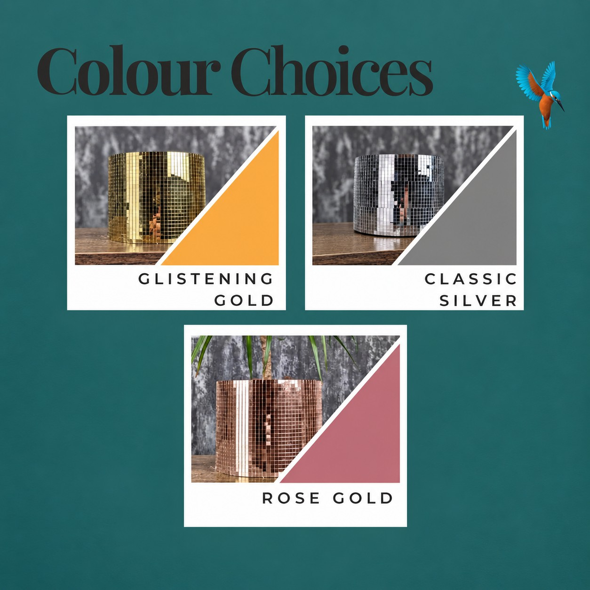 Colour chart for Glistening Gold, Classic Silver and Rose Gold plant pots