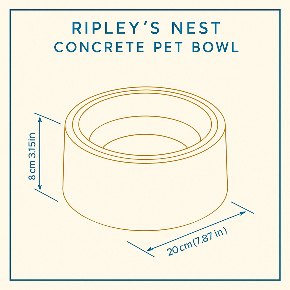 Cast stone pet bowl dimensions showing 20 cm diameter and 8 cm height