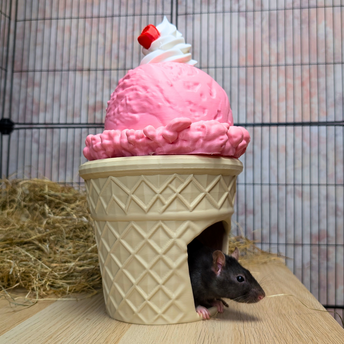 Strawberry Ice Cream Cone Rat Hide: rat peeks from the doorway of the strawberry ice-cream hide