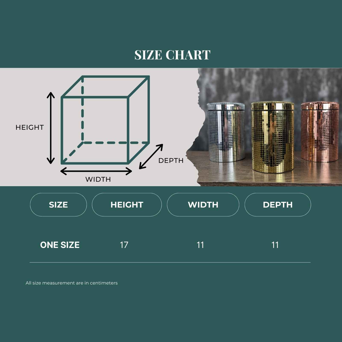 Mirror kitchen canister size chart showing 17 cm high by 11 cm wide and deep