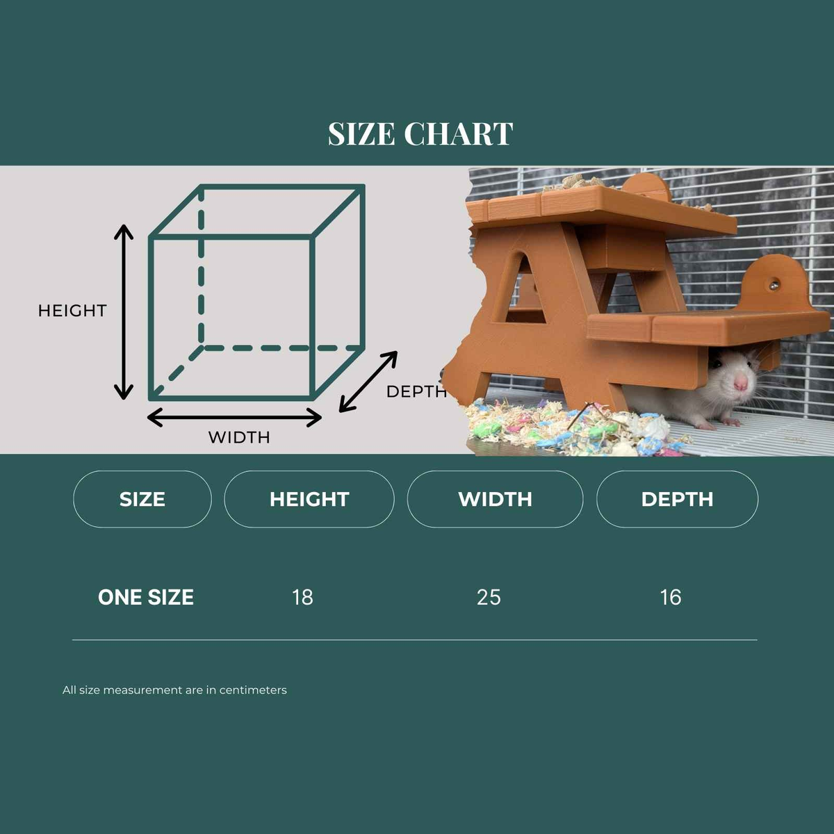 Rat picnic bench size chart showing 18 cm high, 25 cm wide and 16 cm deep