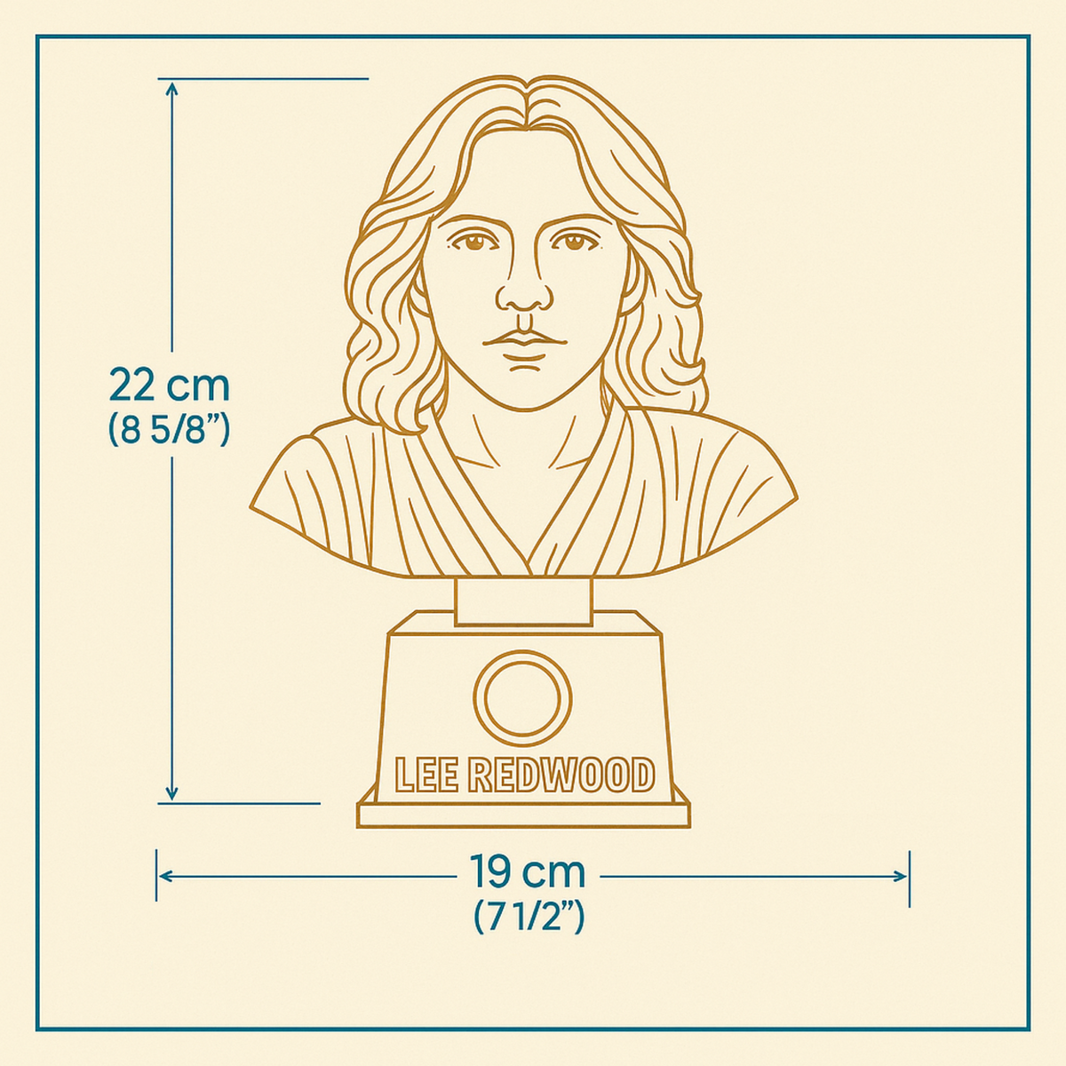 Gold bust trophy diagram showing 22 cm height and 19 cm width
