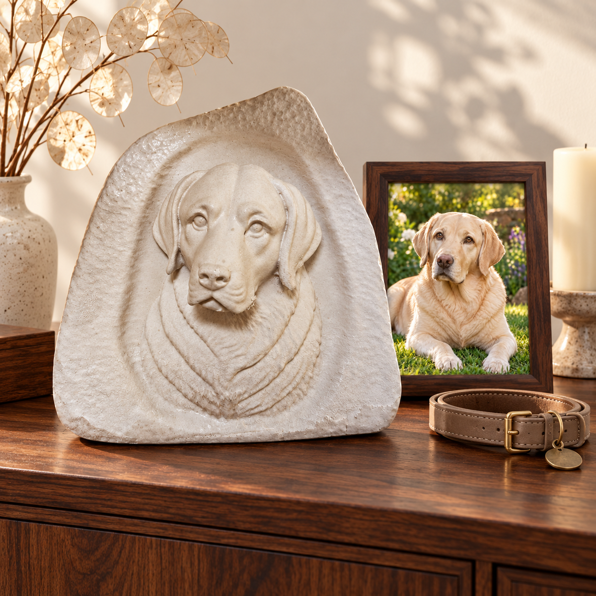Dog memorial stone with matching framed portrait and collar on walnut sideboard