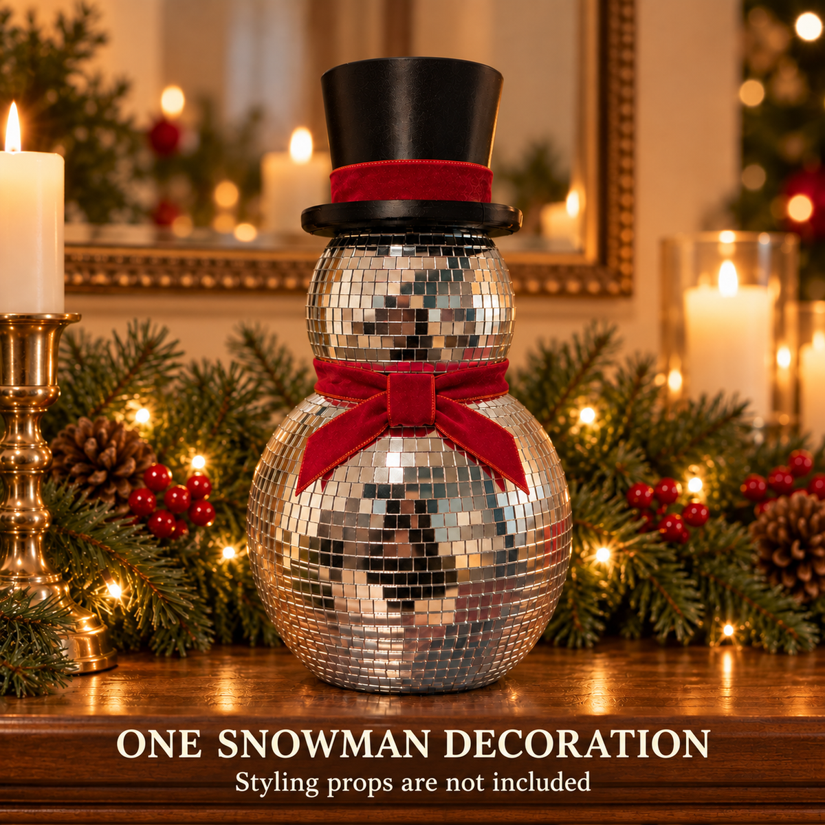 One mirror ball snowman decoration included; styling props excluded