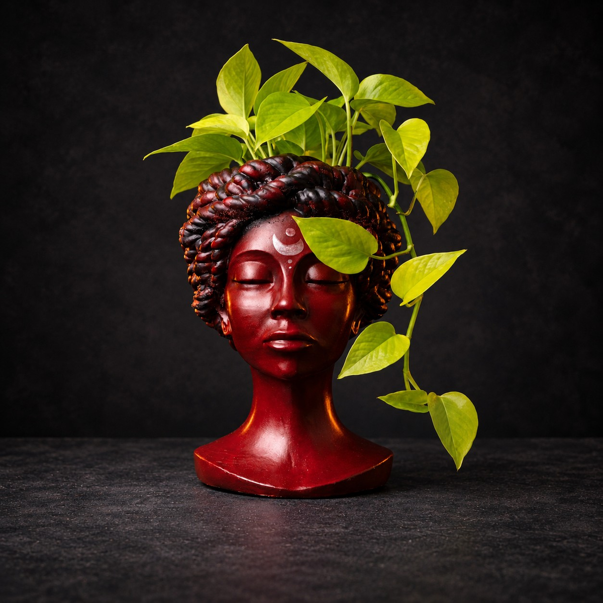 Goddess Bust Planter: green trailing plant emerges from crown opening