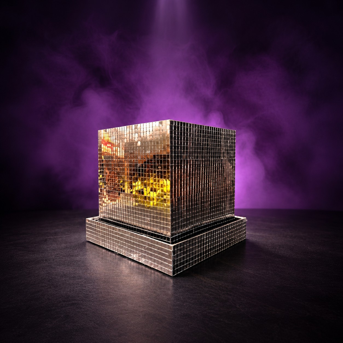 Mirror tile cube planter with atmospheric purple fog background