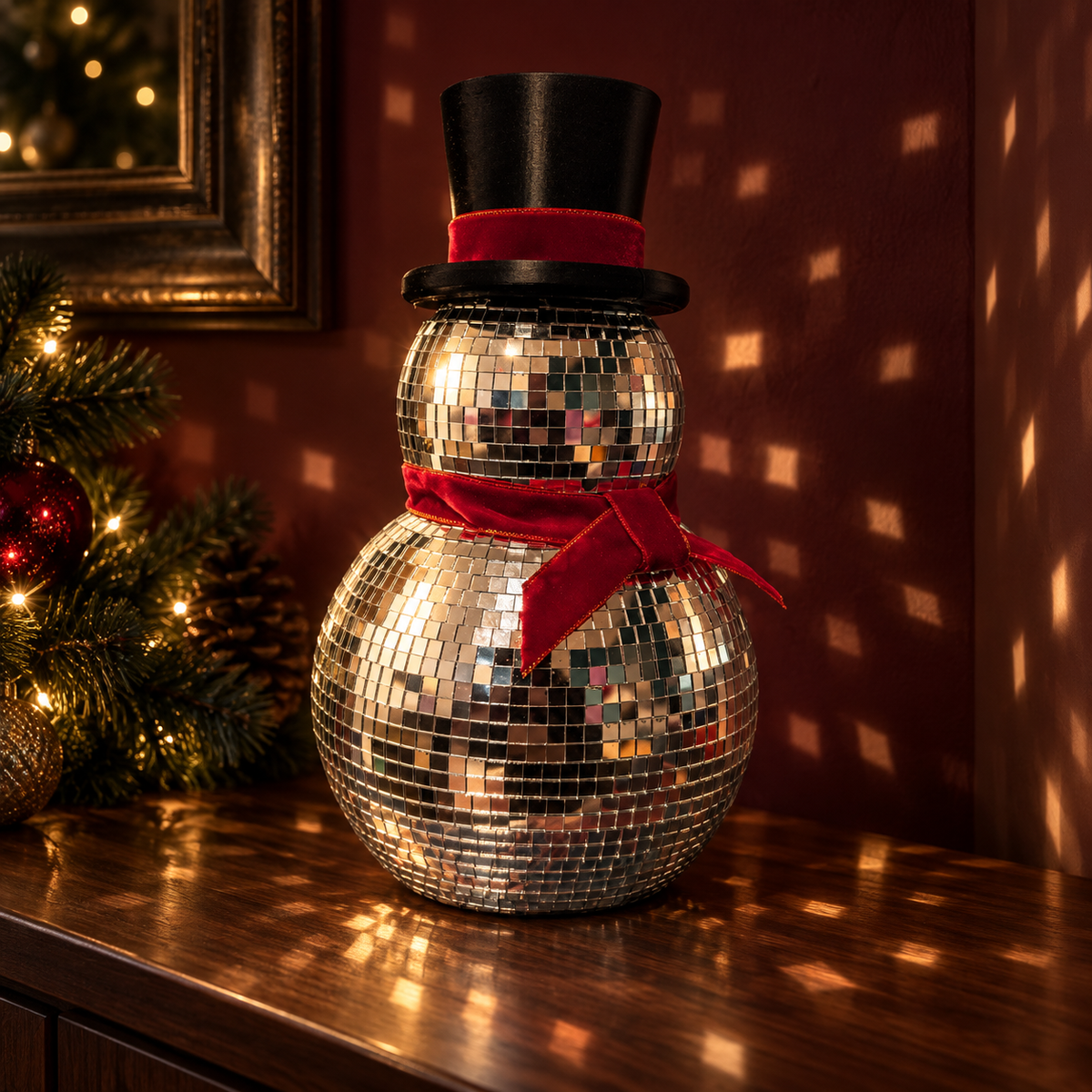Mirror ball snowman in dark styling with reflected external light
