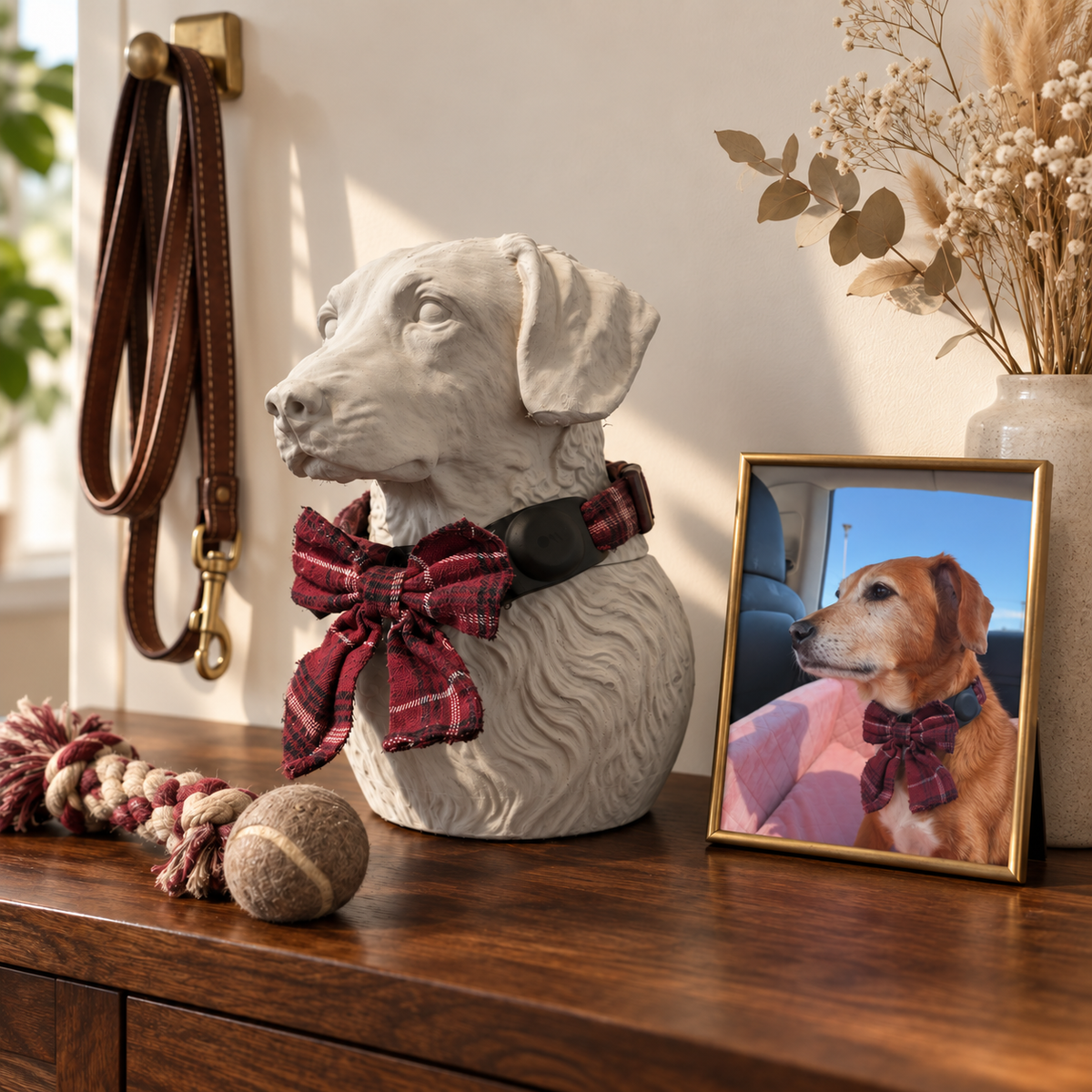 Three-quarter view of the white dog urn with collar, framed dog photograph, hanging lead and toys.