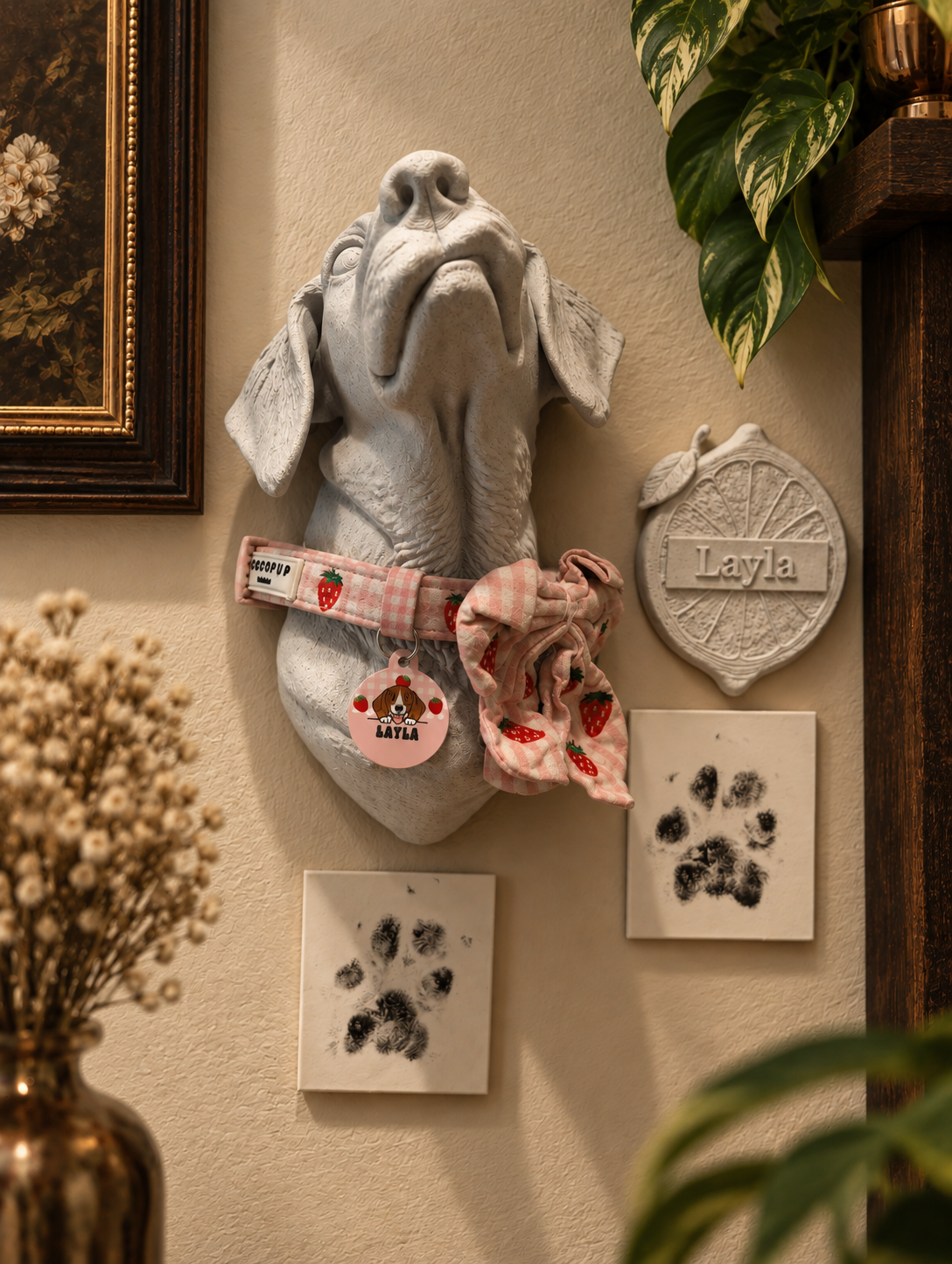 Low angle of the pet wall portrait in a warm home display. One custom bust only; collar, tag, plaque, paw pieces, frames and other display props are not included.
