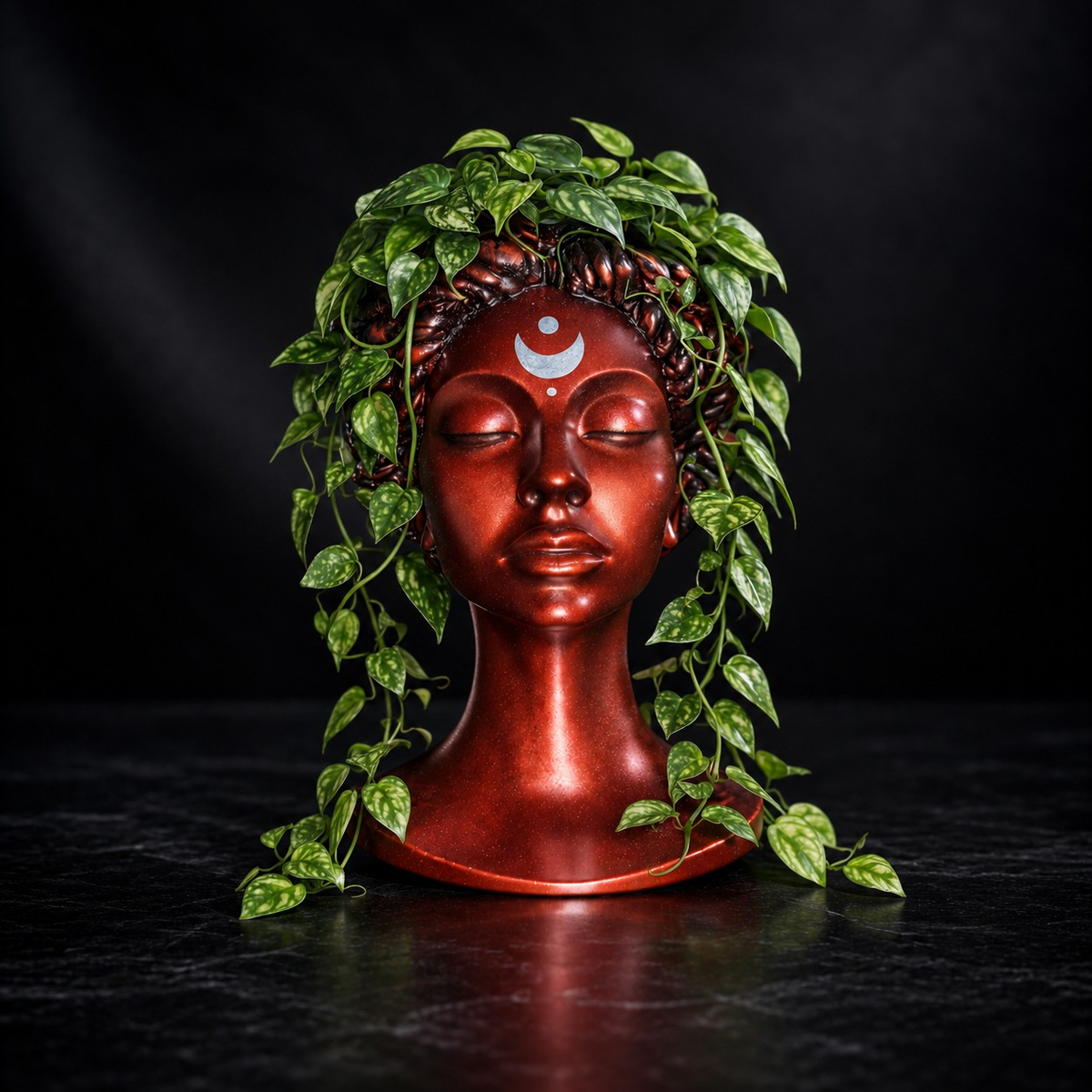 Blood Moon Goddess bust planter with trailing green pothos on a dark background
