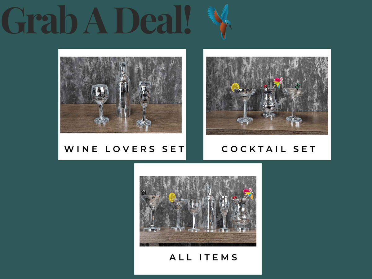 Disco barware options chart showing wine set, cocktail set and complete range