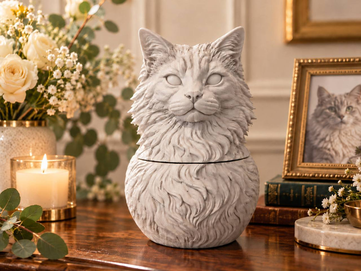 Chalk white sculpted cat urn on dark wood with a framed cat photograph and flowers.