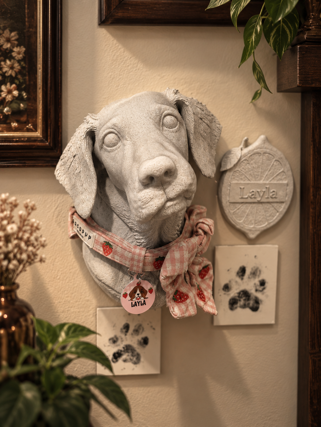 Looking down at the pet portrait and collar in a styled display. One custom bust only; collar, tag, plaque, paw pieces, frames and other display props are not included.