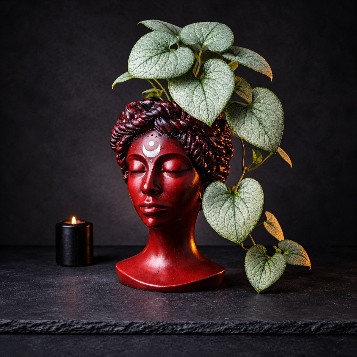 Goddess Bust Planter: green heart-shaped leaves emerge from crown