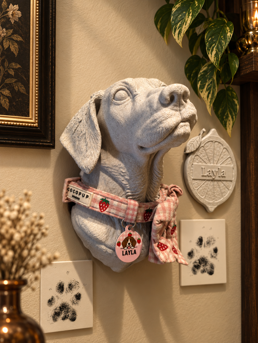Three-quarter view of the pet portrait and collar in its wall setting. One custom bust only; collar, tag, plaque, paw pieces, frames and other display props are not included.