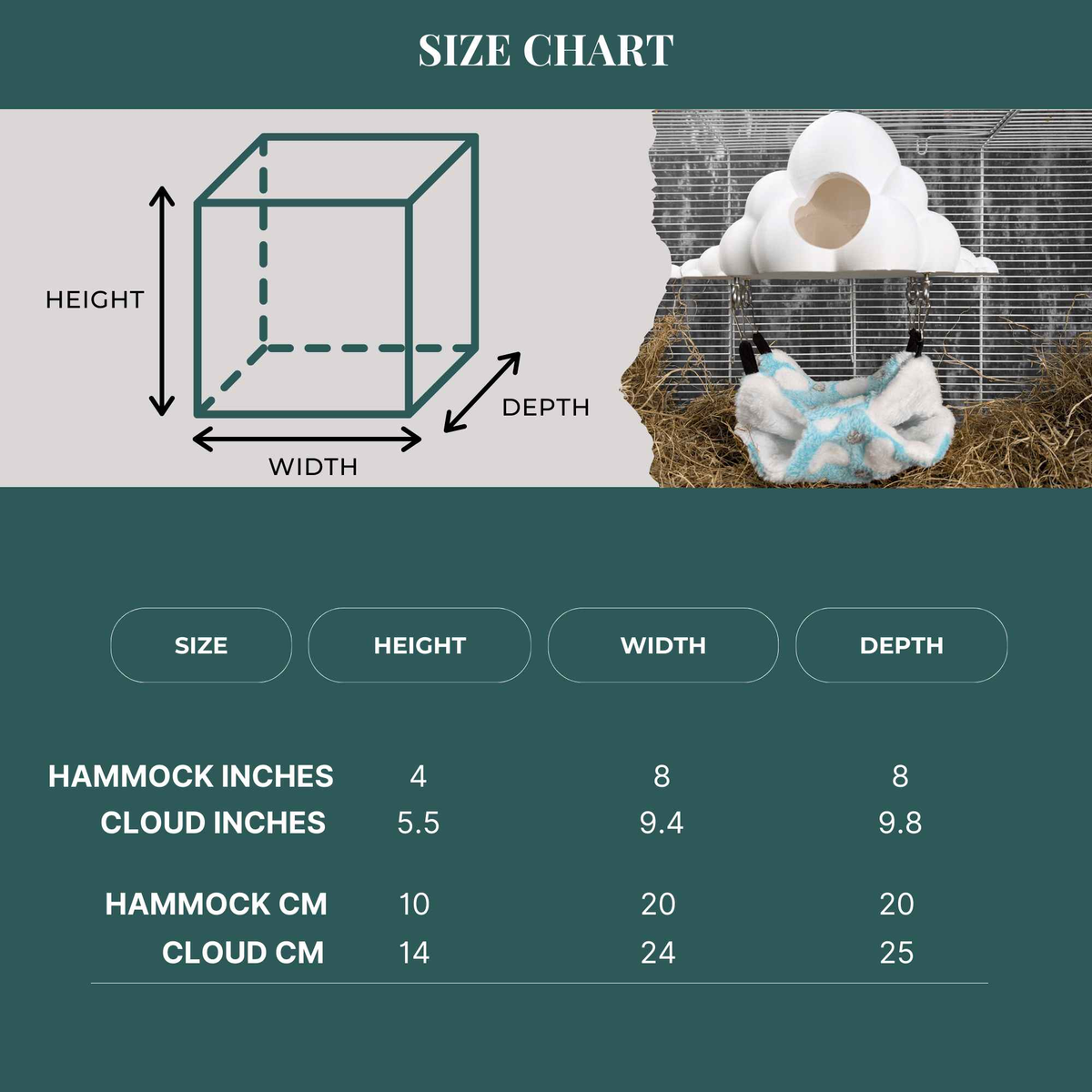 Cloud hide and hammock size chart in centimetres and inches