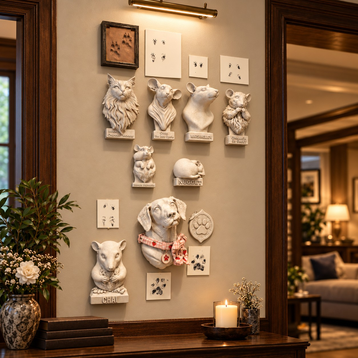 A wider gallery-wall styling example featuring the collar portrait. One custom bust only; collar, tag, plaque, paw pieces, frames and other display props are not included.