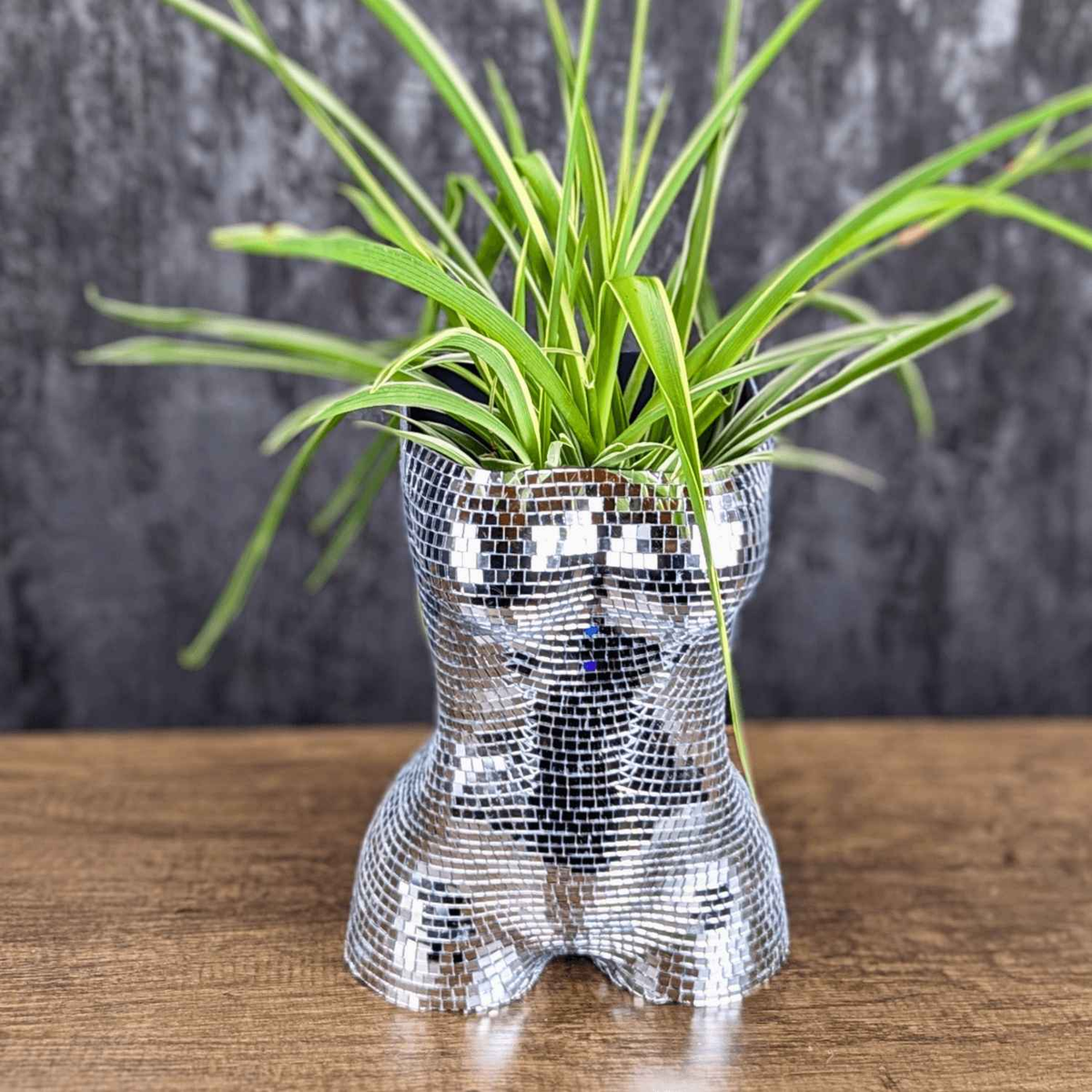 Full planted silver mirror torso planter, front view