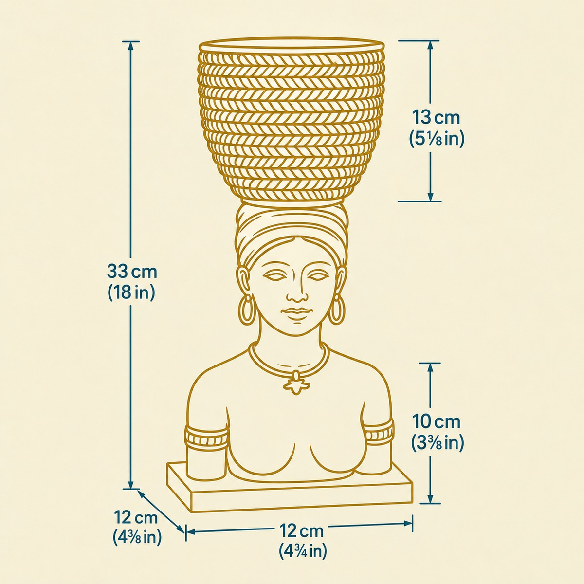 Harvest Goddess planter dimensions showing 33 cm overall height and 12 cm base