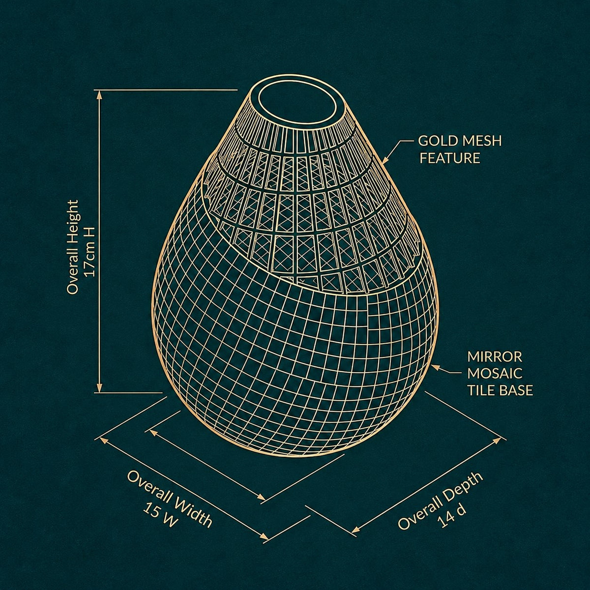 Dimensions diagram 17H x 15W x 14D cm