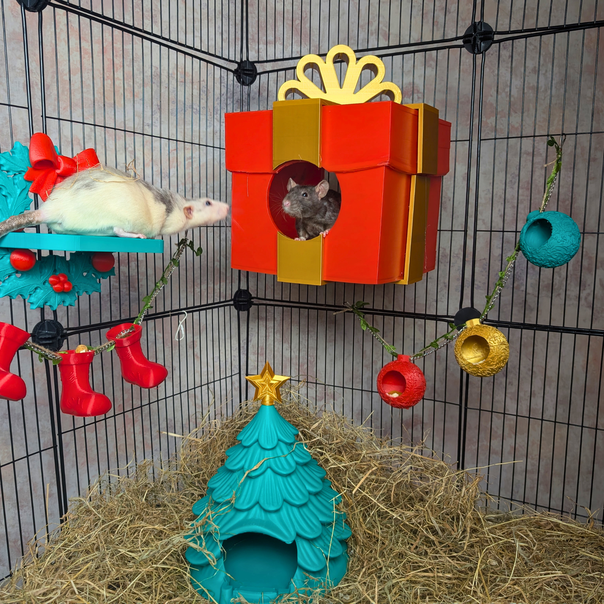 Complete Christmas rat cage set with tree hide, wreath shelf, stocking garland and present hide