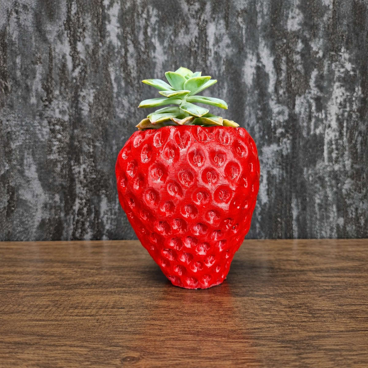Red strawberry planter filled with a small succulent