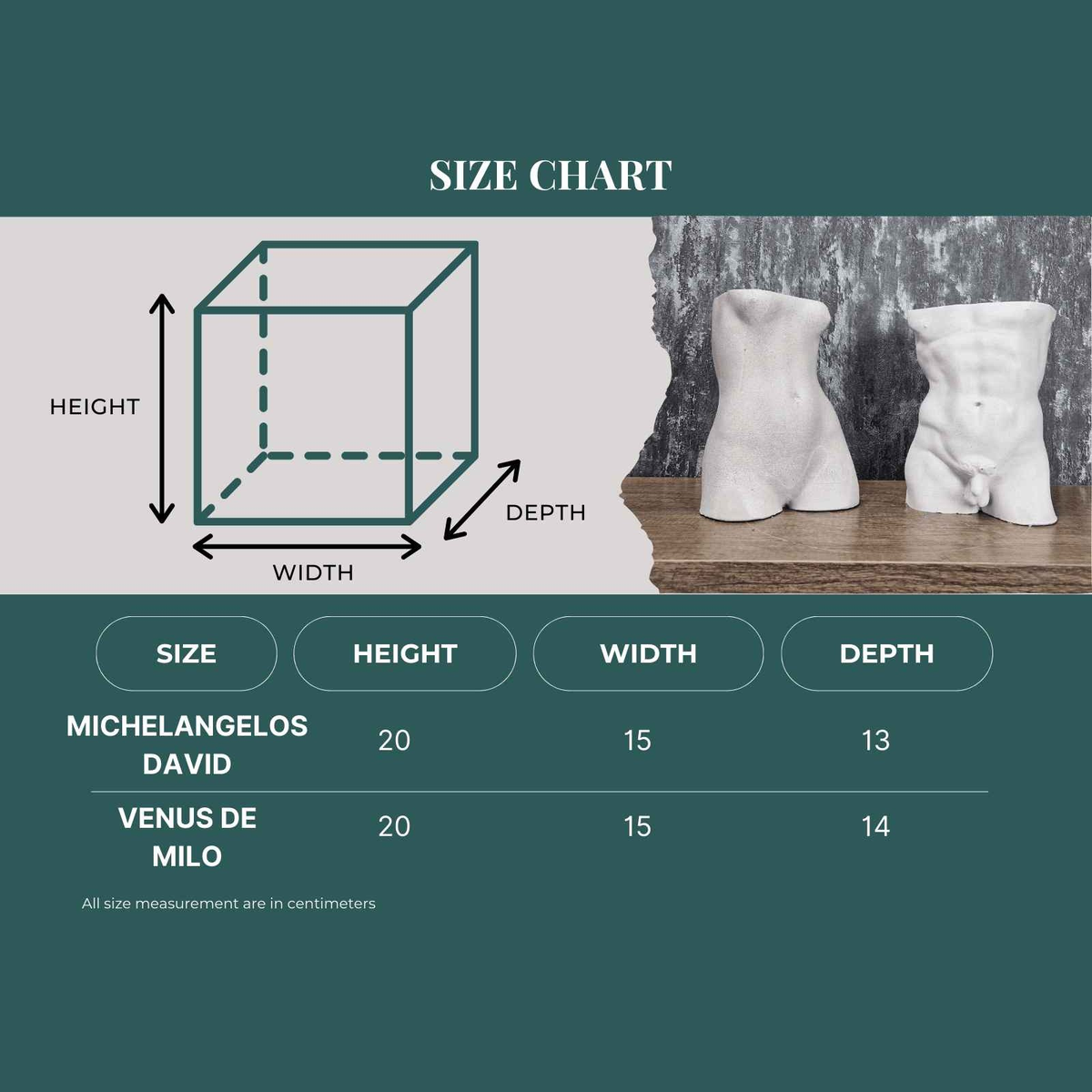 David and Venus planter size chart with style-specific measurements