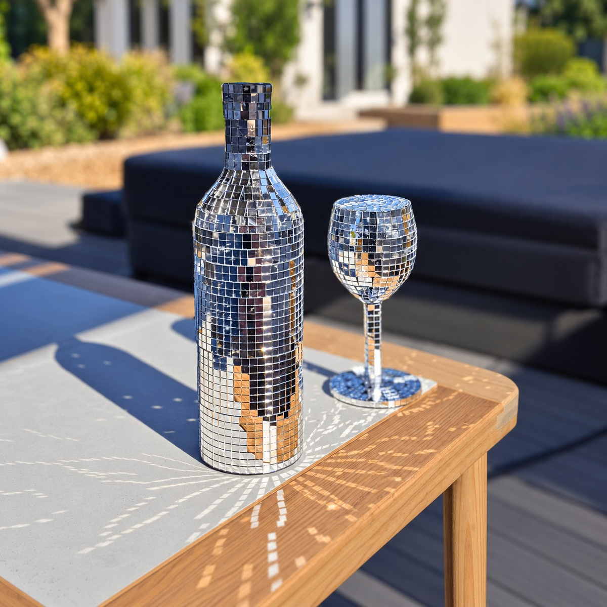 Silver mirror wine bottle and wine glass outdoors