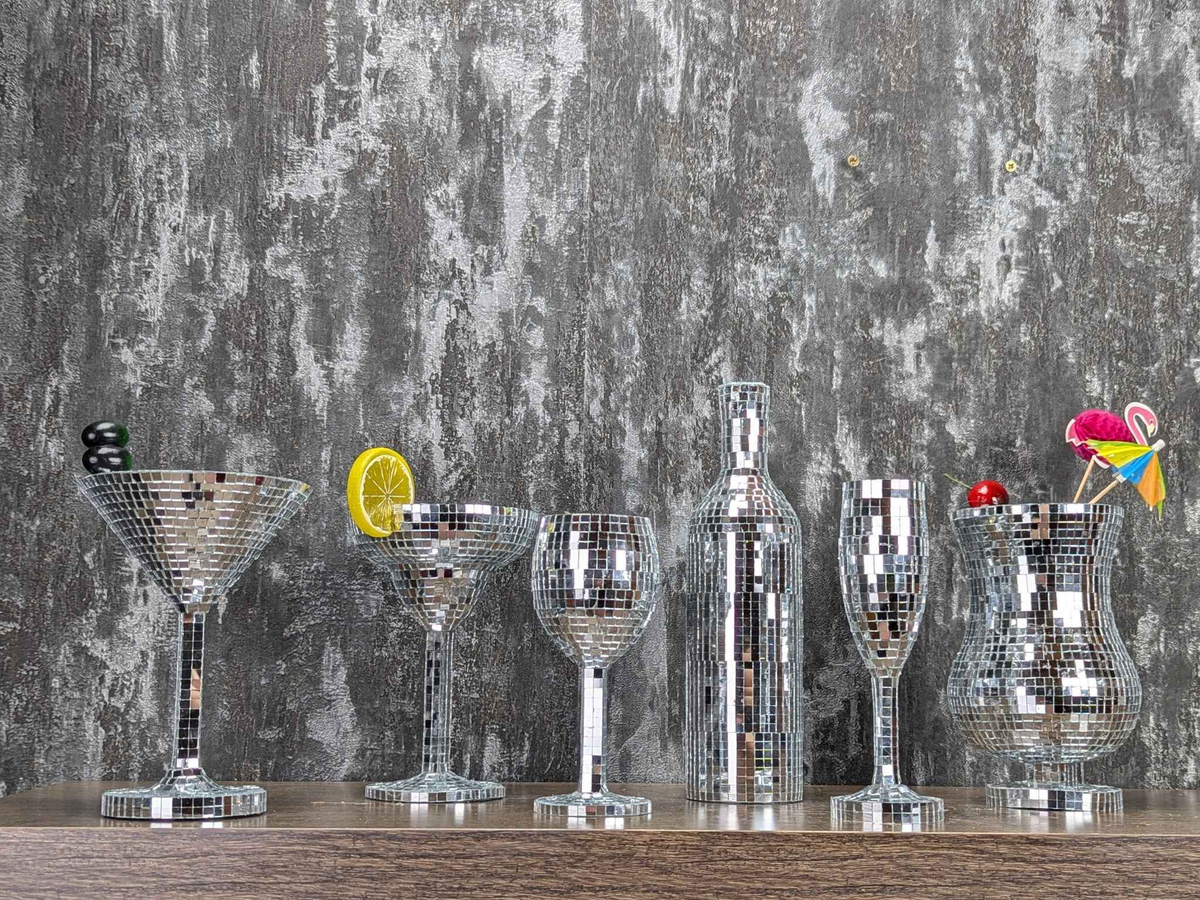 Complete six-piece silver mirror mosaic barware range, front view